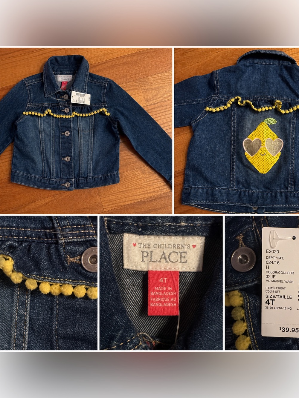 The Children’s Place Girls Denim Jacket with Lemon Patch NWT Size 4T
